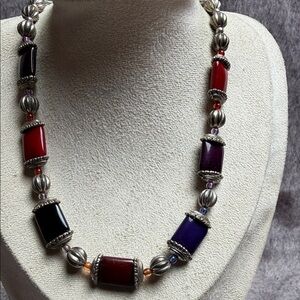 Silver Bead Necklace with Red and Purple Accents